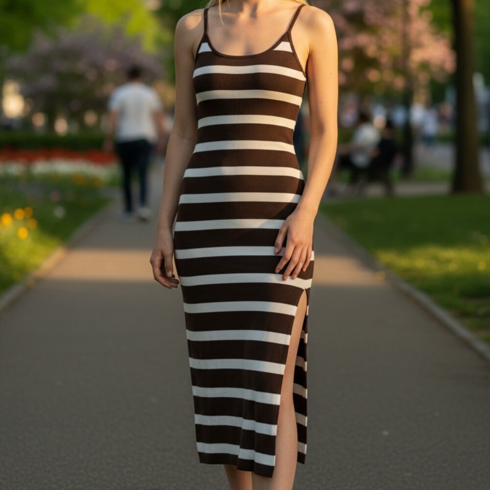 Revamped Brown and White Striped Fitted Dress size Medium